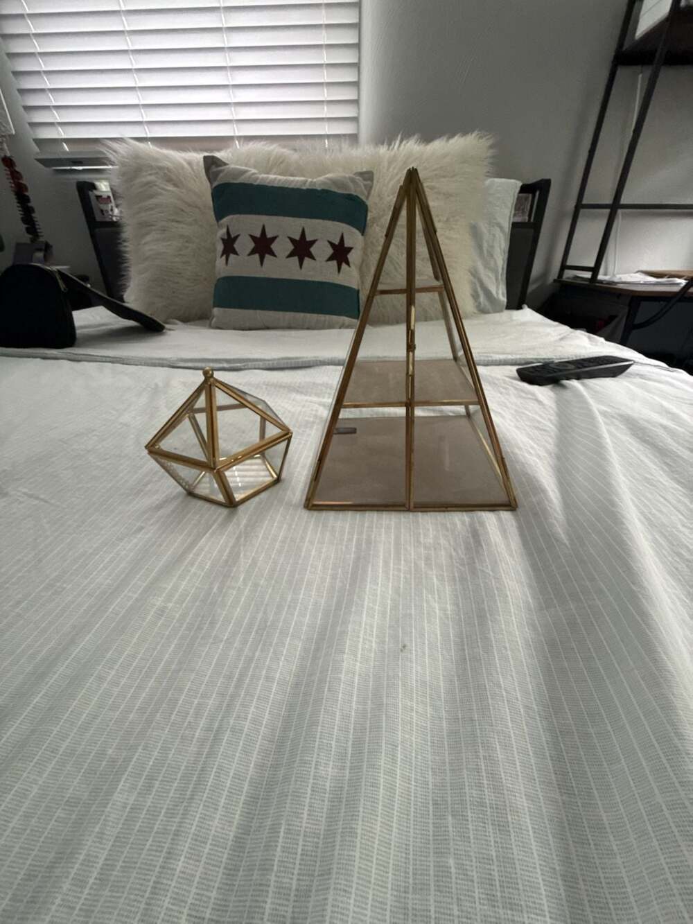 Gold and Glass Pyramid Display Box and Geometric Terrarium Set
